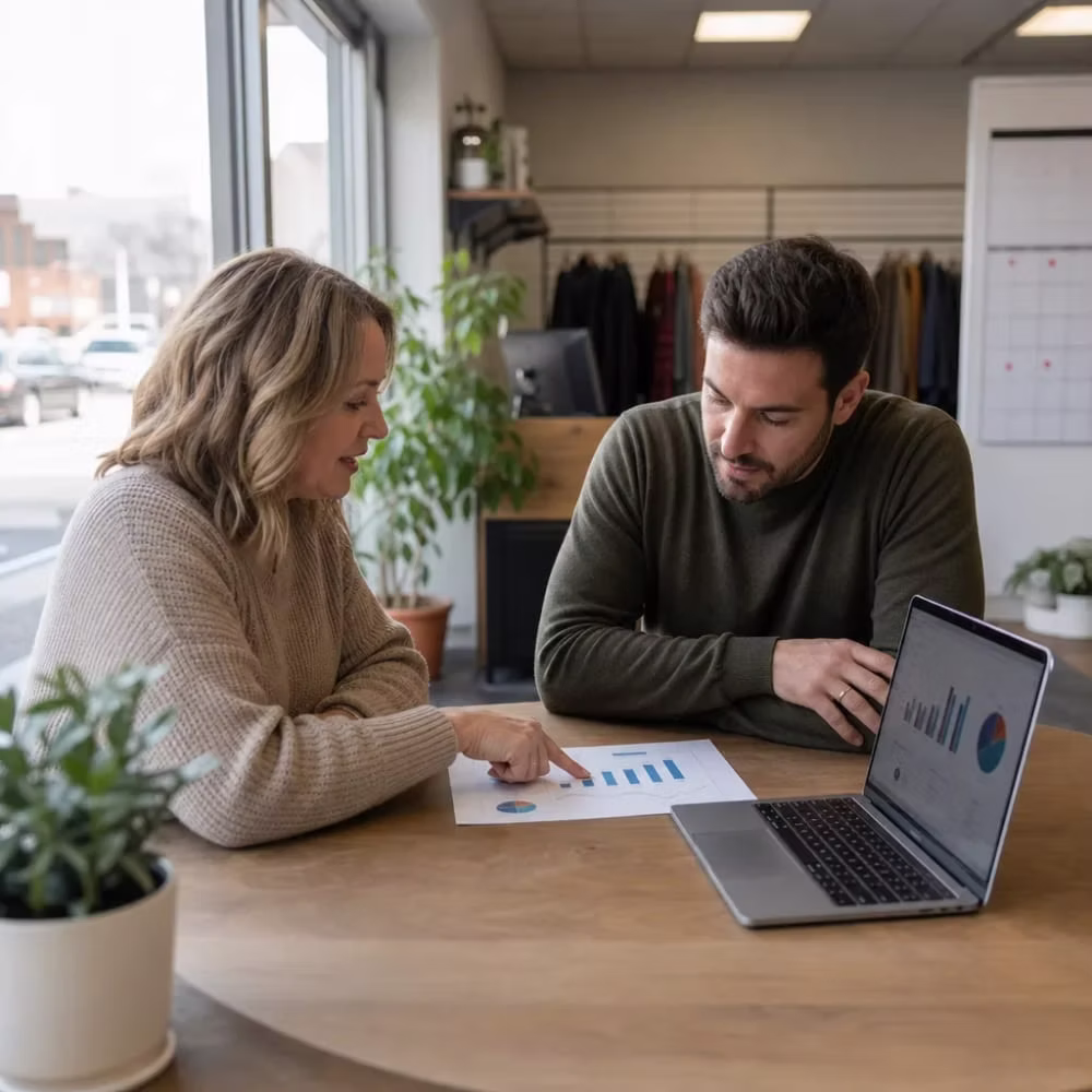 Two people at a table reviewing printed charts and a laptop with graphs